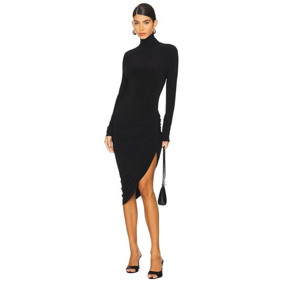 Norma Kamali Womens Long Sleeve Turtleneck Side Drape Dress in Black XXSmall New - Picture 1 of 15